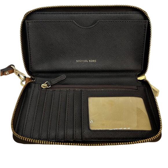 Michael Kors Brown Leather MK Logo, ID Credit Card Coin Purse with Wrist Strap - Picture 5 of 10